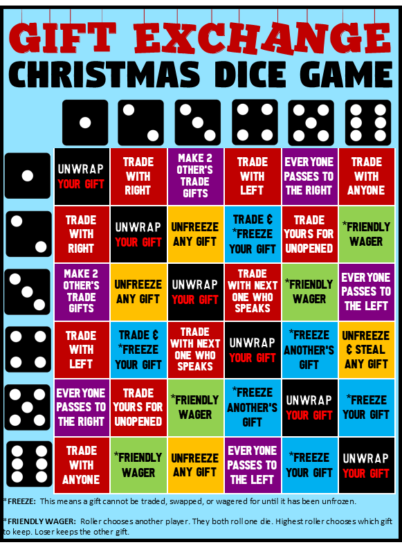 Christmas Gift Exchange Dice Game Printable Printable Word Searches