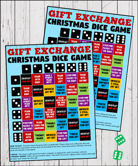 Roll the Dice Holiday Gift Exchange Game Christmas Printable 