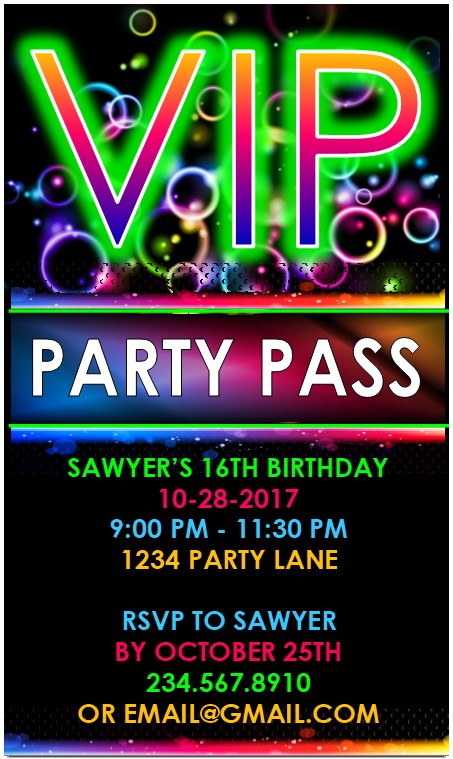 VIP Glow Party Invitations - printable and editable